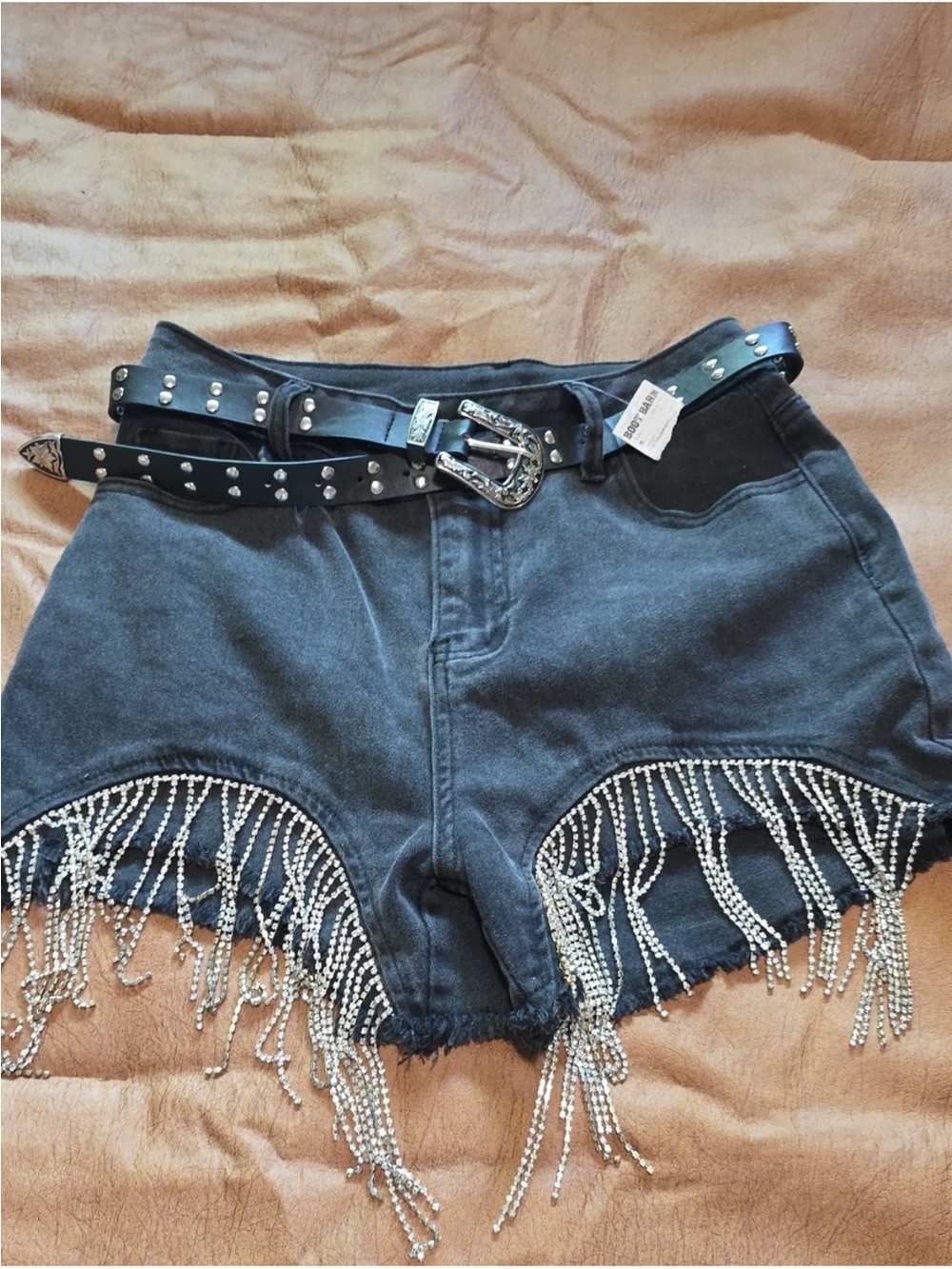 Black High-Waist Denim Shorts with Rhinestone Fringe